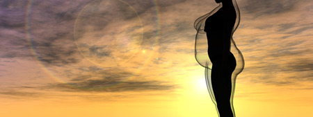 Conceptual fat overweight obese female vs slim fit healthy body after weight loss or diet with muscles thin young woman over sunset. 3D illustrationの写真素材