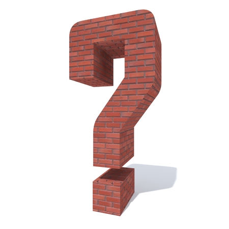 Conceptual red heavy rough masonry constructed font or type, brick construction industry piece isolated white background. Educative architecture material, aged texture surface 3D illustration designの写真素材