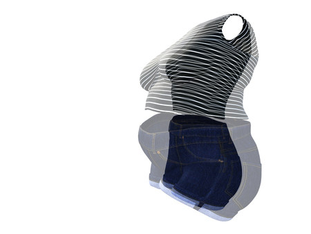 Conceptual fat overweight obese female clothes outfit vs slim fit healthy body after weight loss or diet thin young woman isolated. A fitness, nutrition or fatness obesity health shape 3D illustrationの写真素材