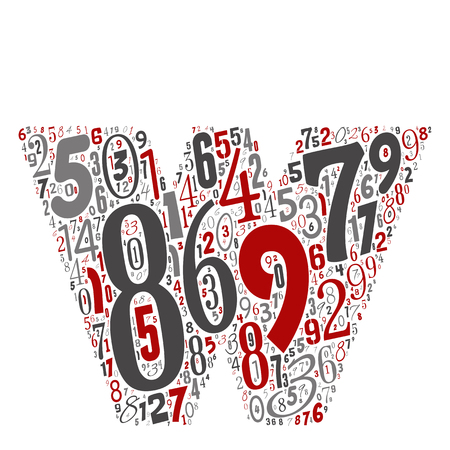 Vector conceptual red, gray and black playful funny education font made of number collection or group on character shapes isolated on white background. A modern art alphabet learning element designのイラスト素材