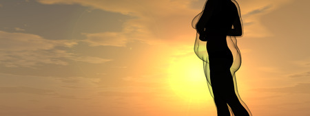Conceptual fat overweight obese female vs slim fit healthy body after weight loss or diet with muscles thin young woman over sunset. Fitness, nutrition or fatness obesity, health shape 3D illustrationの写真素材