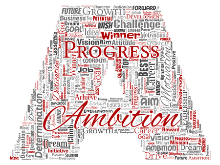 Vector conceptual leadership ambition or motivation letter font red successful character word cloud isolated background. Collage of business growth challenge, positive dream inspiration goal conceptのイラスト素材