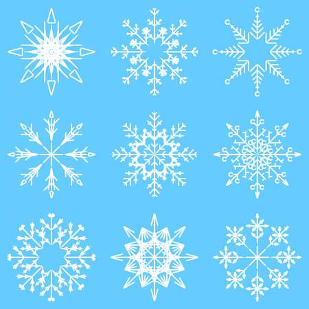 Vector collection of artistic icy abstract crystal snow flakes isolated on background as winter december decoration group or collection. Ice or frost beautiful star ornament silhouette or season artのイラスト素材