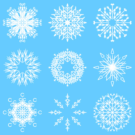Vector collection of artistic icy abstract crystal snow flakes isolated on background as winter december decoration group or collection. Ice or frost beautiful star ornament silhouette or season artのイラスト素材