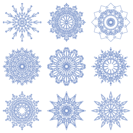 Collection of artistic icy abstract crystal snow flakes isolated on background as winter december decoration group or collection. Ice or frost beautiful star ornament silhouette or season artの写真素材