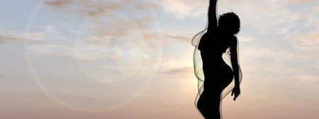 Conceptual fat overweight obese female vs slim fit healthy body after weight loss or diet with muscles thin young woman over sunset. Fitness, nutrition or fatness obesity, health shape 3D illustrationの写真素材