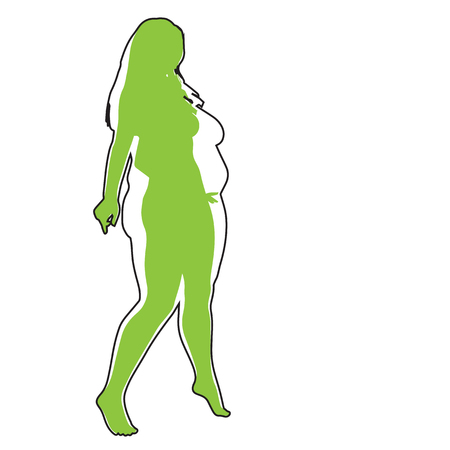 Vector conceptual fat overweight obese female vs slim fit healthy body after weight loss or diet with muscles thin young woman isolated. Fitness, nutrition or fatness obesity, health silhouette shapeのイラスト素材