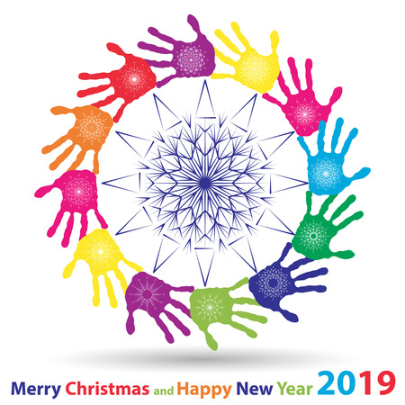 Vector artistic icy abstract crystal snow flakes over handprints isolated on background as winter or december decoration. Ice or frost beautiful star ornament on hand silhouettes or 2019 season artのイラスト素材