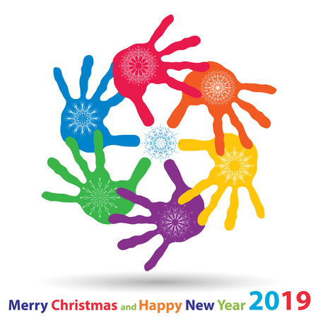 Vector artistic icy abstract crystal snow flakes over handprints isolated on background as winter or december decoration. Ice or frost beautiful star ornament on hand silhouettes or 2019 season artのイラスト素材