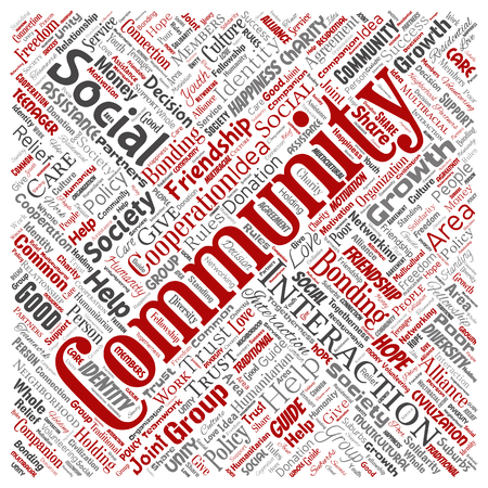 Vector conceptual community, social, connection square red word cloud isolated background. Collage of group, teamwork, diversity, friendship, communication, inclusion, care, respect conceptのイラスト素材