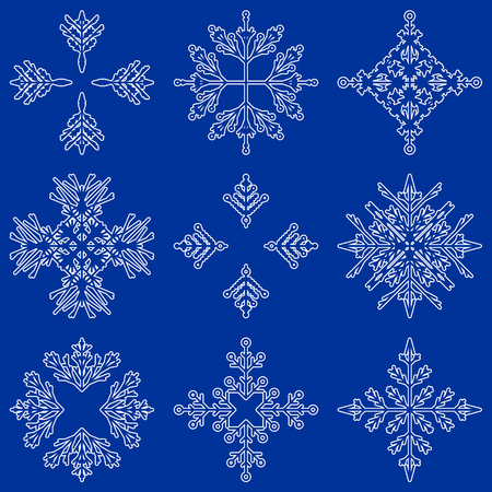 Vector collection of artistic icy abstract crystal snow flakes isolated on background as winter december decoration group or collection. Ice or frost beautiful star ornament silhouette or season artのイラスト素材