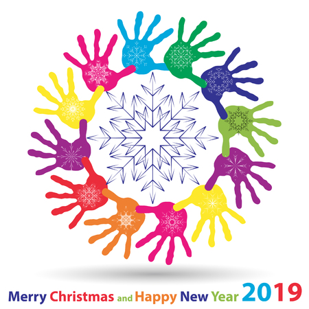 Vector artistic icy abstract crystal snow flakes over handprints isolated on background as winter or december decoration. Ice or frost beautiful star ornament on hand silhouettes or 2019 season artのイラスト素材