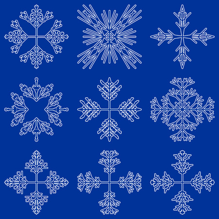 Vector collection of artistic icy abstract crystal snow flakes isolated on background as winter december decoration group or collection. Ice or frost beautiful star ornament silhouette or season artのイラスト素材