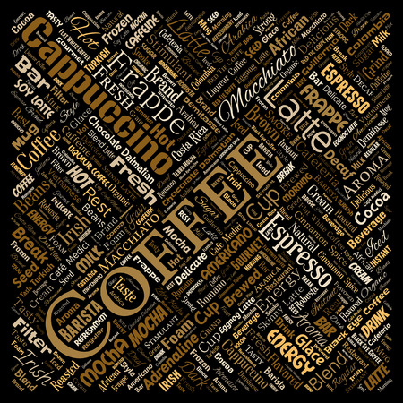 Vector conceptual creative hot morning italian coffee break cappuccino or espresso restaurant or cafeteria square red beverage word cloud isolated. A splash of energy or taste drink concept textのイラスト素材