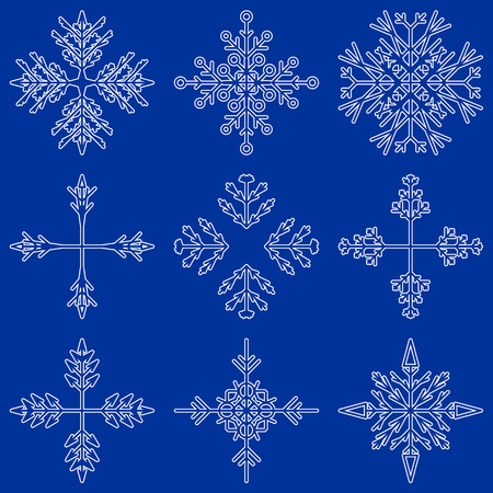 Vector collection of artistic icy abstract crystal snow flakes isolated on background as winter december decoration group or collection. Ice or frost beautiful star ornament silhouette or season artのイラスト素材