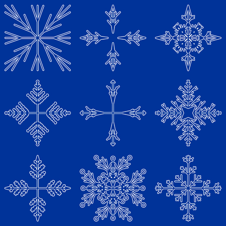 Vector collection of artistic icy abstract crystal snow flakes isolated on background as winter december decoration group or collection. Ice or frost beautiful star ornament silhouette or season artのイラスト素材