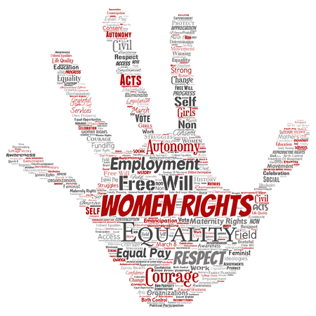 Vector conceptual women rights, equality, free-will hand print stamp word cloud isolated background. Collage of feminism, empowerment, integrity, opportunities, awareness, courage, education, respect conceptのイラスト素材