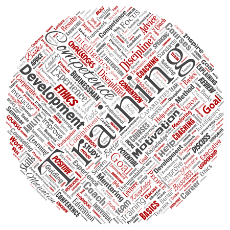 Vector conceptual training, coaching or learning, study round circle red word cloud isolated on background. Collage of mentoring, development, motivation skills, career, potential goals or competenceのイラスト素材
