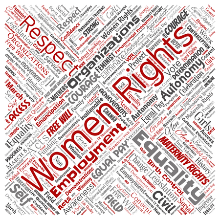 Vector conceptual women rights, equality, free-will square red word cloud isolated background. Collage of feminism, empowerment, integrity, opportunities, awareness, courage, education, respect conceptのイラスト素材