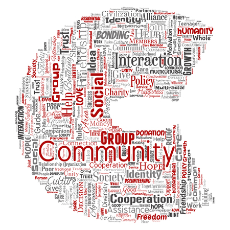 Vector conceptual community, social, connection letter font C red word cloud isolated background. Collage of group, teamwork, diversity, friendship, communication, inclusion, care, respect conceptのイラスト素材
