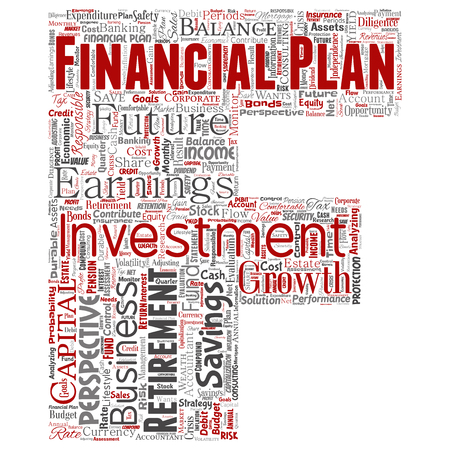 Vector conceptual business or personal financial plan letter font red finance strategy word cloud isolated background. Collage of income money investment, future retirement security concept designのイラスト素材