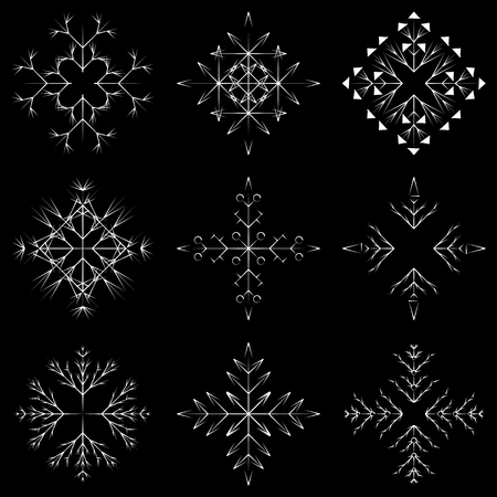 Vector collection of artistic icy abstract crystal snow flakes isolated on background as winter december decoration group or collection. Ice or frost beautiful star ornament silhouette or season artのイラスト素材