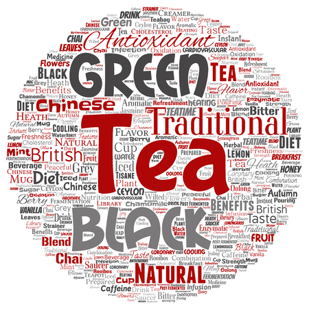 Vector conceptual green or black tea beverage culture round circle red natural flavor, taste variety word cloud isolated background. Collage of traditional medicine health diet benefit concept designのイラスト素材