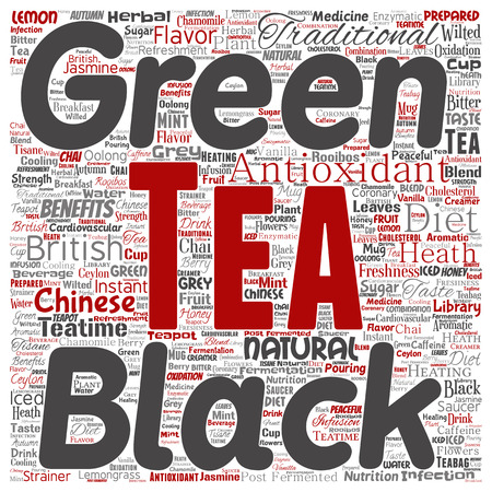 Vector conceptual green or black tea beverage culture square red natural flavor or taste variety word cloud isolated background. Collage of traditional medicine health diet benefits concept designのイラスト素材