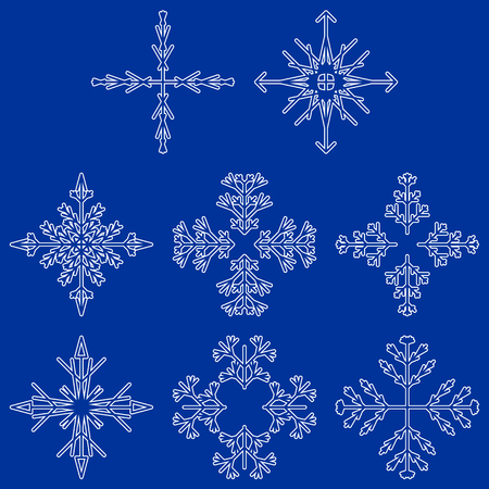 Vector collection of artistic icy abstract crystal snow flakes isolated on background as winter december decoration group or collection. Ice or frost beautiful star ornament silhouette or season artのイラスト素材