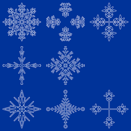 Vector collection of artistic icy abstract crystal snow flakes isolated on background as winter december decoration group or collection. Ice or frost beautiful star ornament silhouette or season artのイラスト素材