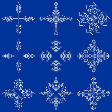 Vector collection of artistic icy abstract crystal snow flakes isolated on background as winter december decoration group or collection. Ice or frost beautiful star ornament silhouette or season artのイラスト素材