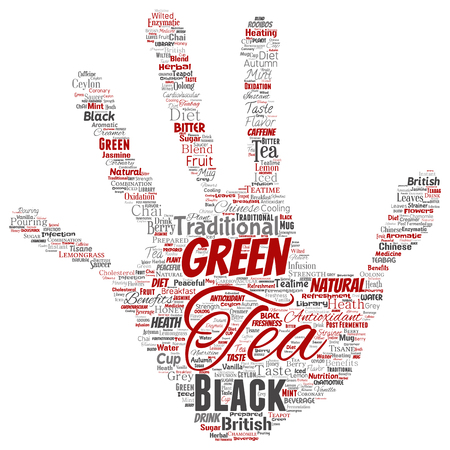 Vector conceptual green or black tea beverage culture hand print stamp red natural flavor, taste variety word cloud isolated background. Collage of traditional medicine health or diet benefit conceptのイラスト素材