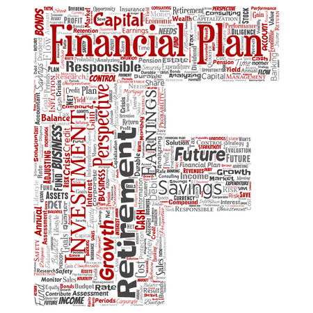 Vector conceptual business or personal financial plan letter font red finance strategy word cloud isolated background. Collage of income money investment, future retirement security concept designのイラスト素材