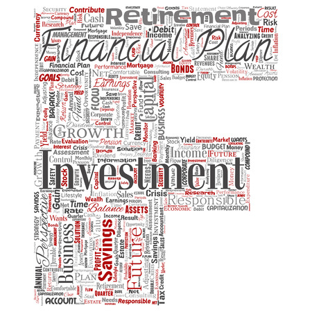 Vector conceptual business or personal financial plan letter font red finance strategy word cloud isolated background. Collage of income money investment, future retirement security concept designのイラスト素材