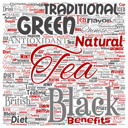 Vector conceptual green or black tea beverage culture square red natural flavor or taste variety word cloud isolated background. Collage of traditional medicine health diet benefits concept designのイラスト素材