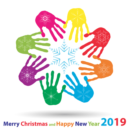 Vector artistic icy abstract crystal snow flakes over handprints isolated on background as winter or december decoration. Ice or frost beautiful star ornament on hand silhouettes or 2019 season artのイラスト素材