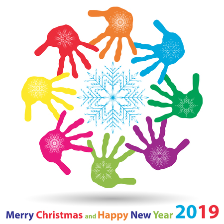 Vector artistic icy abstract crystal snow flakes over handprints isolated on background as winter or december decoration. Ice or frost beautiful star ornament on hand silhouettes or 2019 season artのイラスト素材