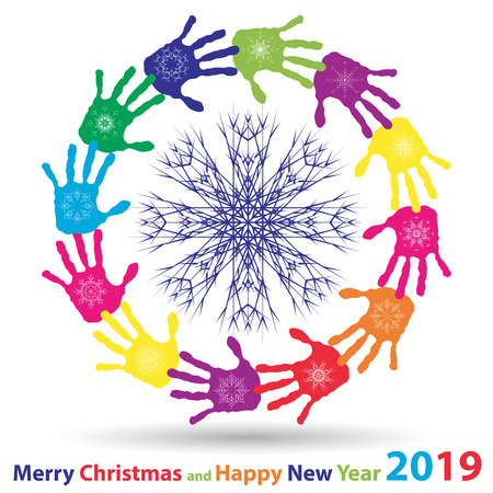 Vector artistic icy abstract crystal snow flakes over handprints isolated on background as winter or december decoration. Ice or frost beautiful star ornament on hand silhouettes or 2019 season artのイラスト素材