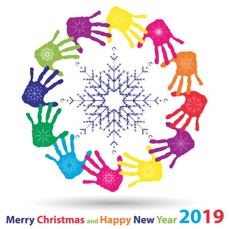 Vector artistic icy abstract crystal snow flakes over handprints isolated on background as winter or december decoration. Ice or frost beautiful star ornament on hand silhouettes or 2019 season artのイラスト素材