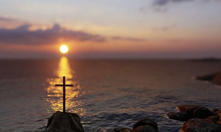 Concept or conceptual religious christian cross standing on rock in the sea or ocean over beautiful sunset sky. A background for faith, religion belief, Jesus Christ, spiritual church 3D illustrationの写真素材