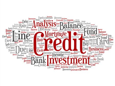 Vector conceptual credit card line investment balance abstract word cloud isolated background. Collage of money analysis, business fund balance, estate, mortgage, safe refinance solution text conceptのイラスト素材