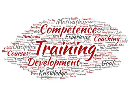 Concept vector gold conceptual training, coaching or learning, word cloud concept isolated on background. Collage of mentoring, development, motivation skills, career, potential goals, or competence textのイラスト素材