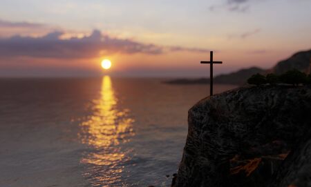 Concept or conceptual religious christian cross standing on rock in the sea or ocean over beautiful sunset sky. A background for faith, religion belief, Jesus Christ, spiritual church 3D illustrationの写真素材