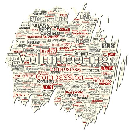 Vector conceptual volunteering, charity, humanitarian old torn paper word cloud isolated background. Collage of selfless, support, philanthropy, nonprofit,  goodness, togetherness, giving conceptのイラスト素材