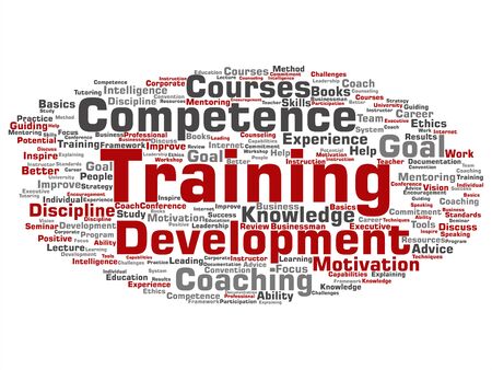 Vector concept or conceptual training, coaching or learning, study word cloud isolated on background. Collage of mentoring, development, motivation skills, career, potential goals or competence textのイラスト素材