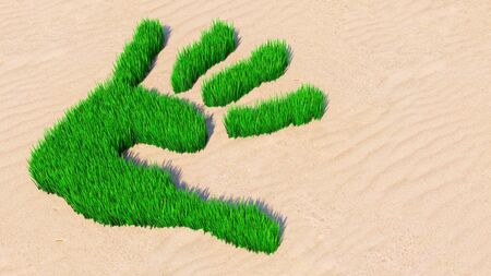 Concept or conceptual green grass handprint on sand background. A metaphor for ecology, environment, recycle, nature conservation, spring summer or protection against global warming 3d illustrationの写真素材