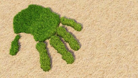 Concept or conceptual green grass handprint on hay background. A metaphor for ecology, environment, recycle, nature conservation, spring summer or protection against global warming 3d illustration の写真素材