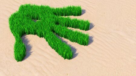 Concept or conceptual green grass handprint on sand background. A metaphor for ecology, environment, recycle, nature conservation, spring summer or protection against global warming 3d illustrationの写真素材