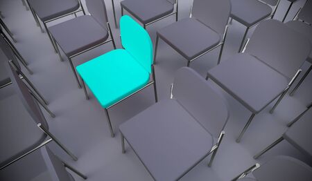 Concept or conceptual blue armchair standing out in a  conference room as a metaphor for leadership, vision and strategy. A 3d illustration of individuality, creativity and achievementの写真素材