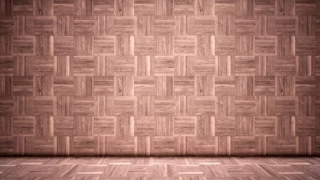 Concept or conceptual vintage or grungy brown background of natural wood or wooden old texture floor and wall as a retro pattern layout. A 3d illustration metaphor to time, material, emptiness,  age or rustの写真素材